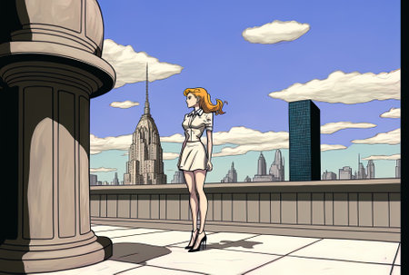 In front of the metropolitan skyline, a marble platformの素材