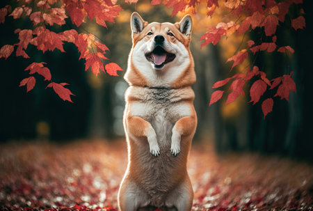 Happy dog standing on two hind legs with a crimson autumn leaf covering its head.の素材