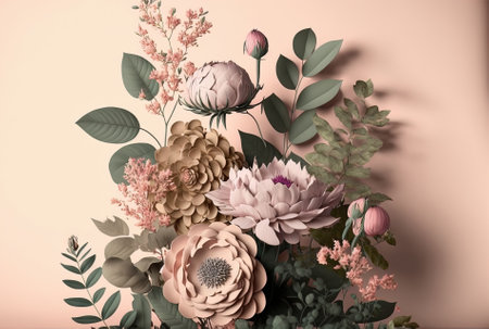 Lovely flowers and foliage against a soft pink backdrop.の素材