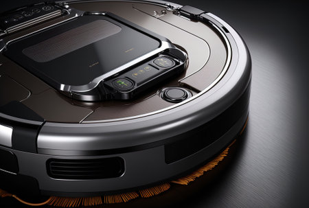 Robotic vacuum cleaner, close up, with two brushes on each side and laminate controlsの素材