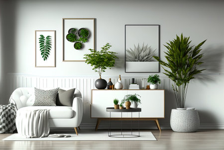 Interior design for a living room with mock up furniture decorations on a white wall.の素材