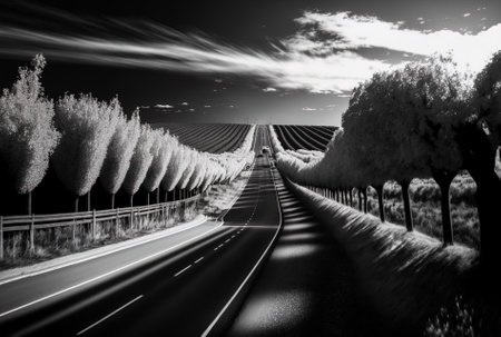 Greyscale photograph of a motorway passing through vineyardsの素材