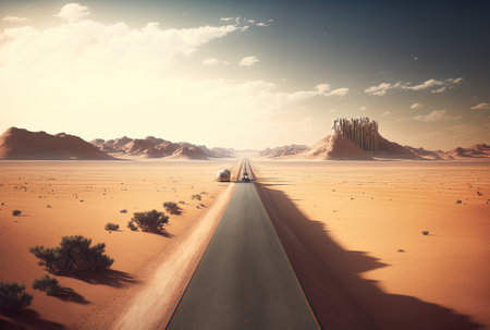 Long, straight concrete road running through an expanse of desertの素材