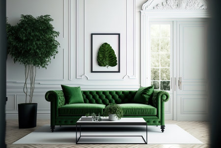 Green couch in white living room with fake tableの素材
