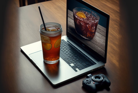 Laptop close to smartphone, camera, and beverageの素材