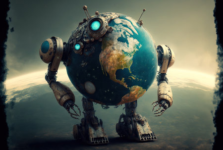 Robot displaying the earthの素材