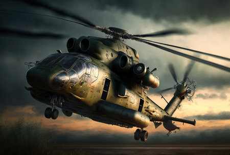 Russian military chopper soars in the backgroundの素材