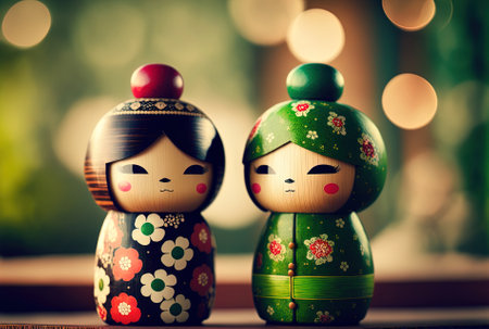 Kokeshi dolls from Japan with a green bokeh backgroundの素材