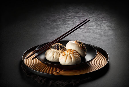 Set of wholesome Asian buns with sticks in a plate on a dark backgroundの素材