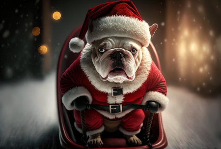 Santa Claus dog outfit inside a sled during the holidays is amusing.の素材