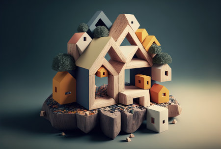 Shape of a home created with blocks and wooden pegsの素材