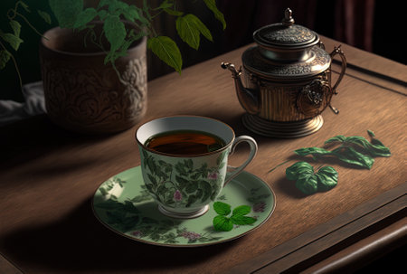 Table with cup of mint teaの素材