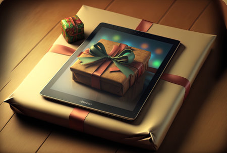 Tablet close to a group of wrapped presentsの素材