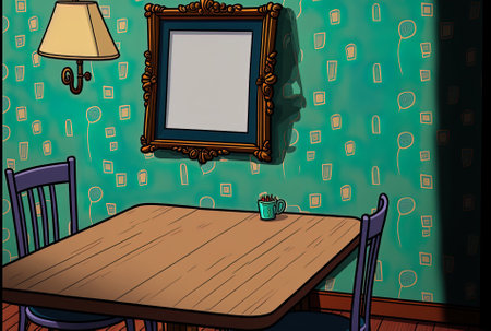 Table with a tablet on it and a wall decorated backgroundの素材