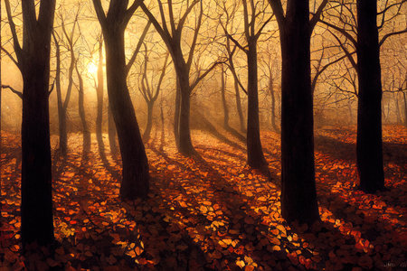 Sunlight breaks through the autumn leaves of the trees in the early days of winterの素材