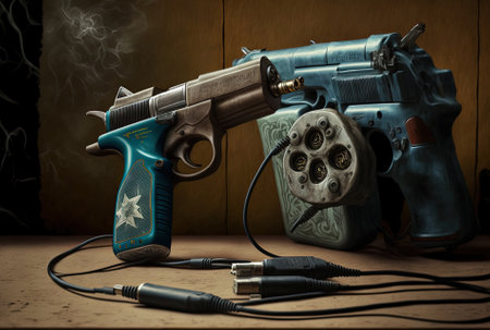 Two plugged in pistols and an electric vehicle chargerの素材