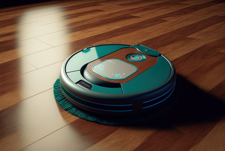 Smart cleaning technology shown by a robotic vacuum on laminate wood flooringの素材