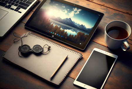 Tablet, smartphone, tags, and a laptop are nearby.の素材