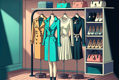 Various outfits are displayed on racks at a store with a fashion and shopping themeの素材