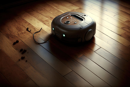 Vacuuming robot on a hardwood floorの素材