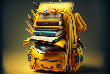 Stacks of books and stationery are inside a yellow rucksack.の素材