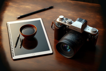 Table with tablet, notepad, and cameraの素材
