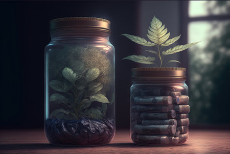 front view of two currency stacks, a jar, and some plantsの素材