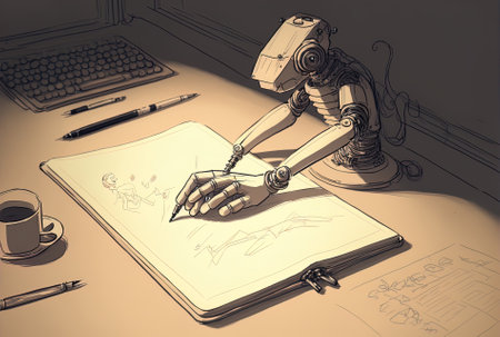 The synthetic robotic arm makes some notes using a penの素材