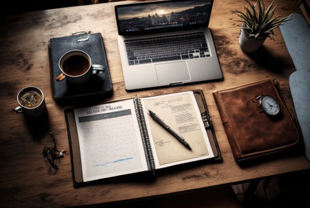 View from a high perspective of a desk with a laptop and a planner.の素材