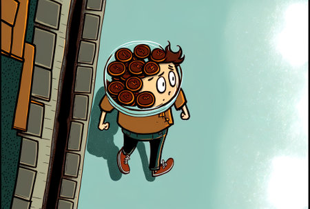 view from a high perspective of a person carrying a jar of brown buttonsの素材