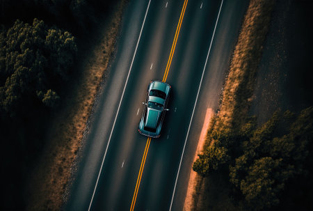 top view of a moving automobile on the roadの素材