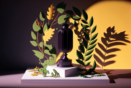 shadow cast by leaves and a product backdrop with a display podiumの素材