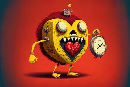 mascot for the alarm clock, with a yellow backdrop and a crimson heart.の素材