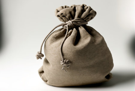 tied, earth shaped money bag or sack made of canvas and linen with a white backdropの素材