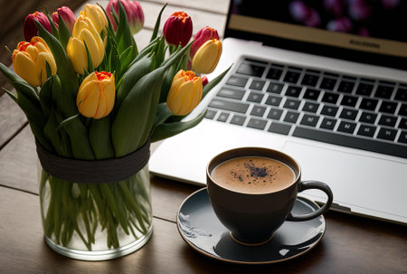 laptop in a composition with tulips and a coffee cup.の素材