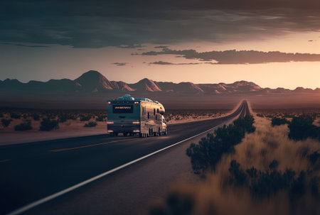 vehicle pulling up on the highway at dusk in a remote areaの素材