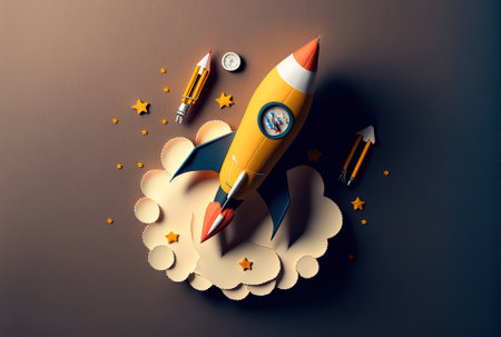 Rocket and paper clouds on dark background. Startup conceptの素材
