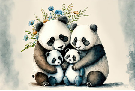 watercolor drawing of a charming cartoon panda familyの素材
