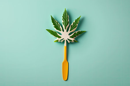 A weed leaf perched atop a fork. Food preparation using marijuana. To eat CBD oilの素材