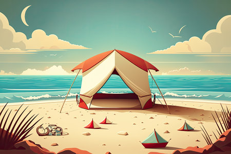 Beautiful beach and sky background, with a tentの素材