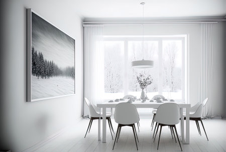 White dining room with a minimalist design and a white wallの素材