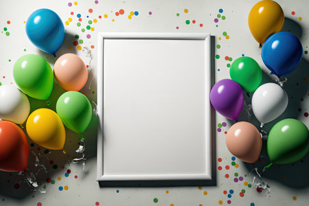 Blank poster mockup with vibrant balloons on the groundの素材