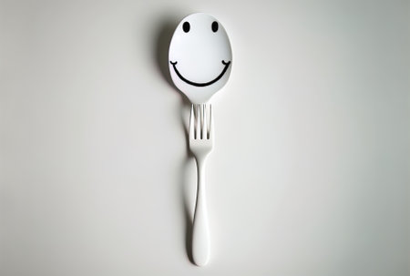 White fork with a happy face and copy space on a white background.の素材