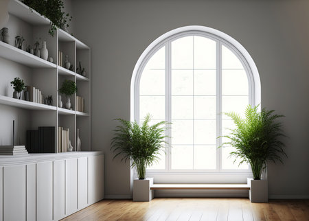 Empty white arch wall with window and cabinet on wooden floor. interior living roomの素材