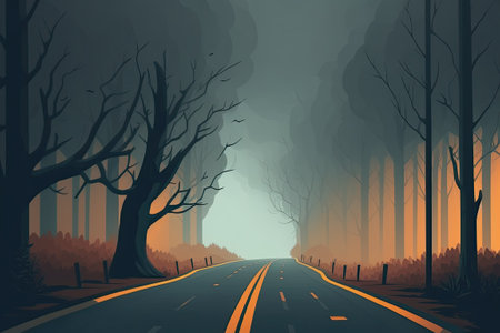 Desolate road and woods in the fall fog. Autumn forest road cloaked in gloomy fogの素材