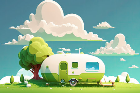 Camping on the meadow with white clouds overheadの素材