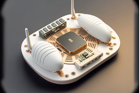 Wi fi router seen from above with wirelessly operated objectsの素材