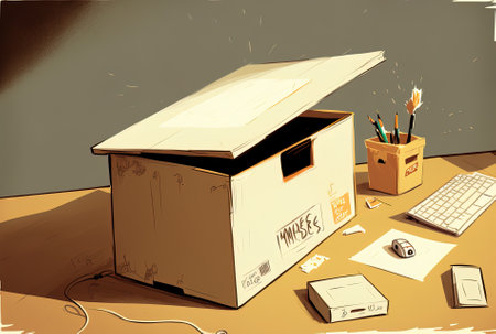 White desk with a cardboard boxの素材