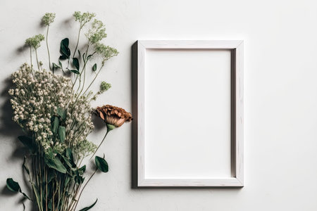 Blank wooden frame mockup on white wall, portrait frame with copy spaceの素材
