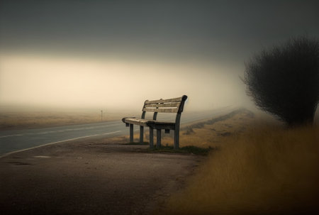 Wooden seat beside a foggy road as a representation of solitudeの素材